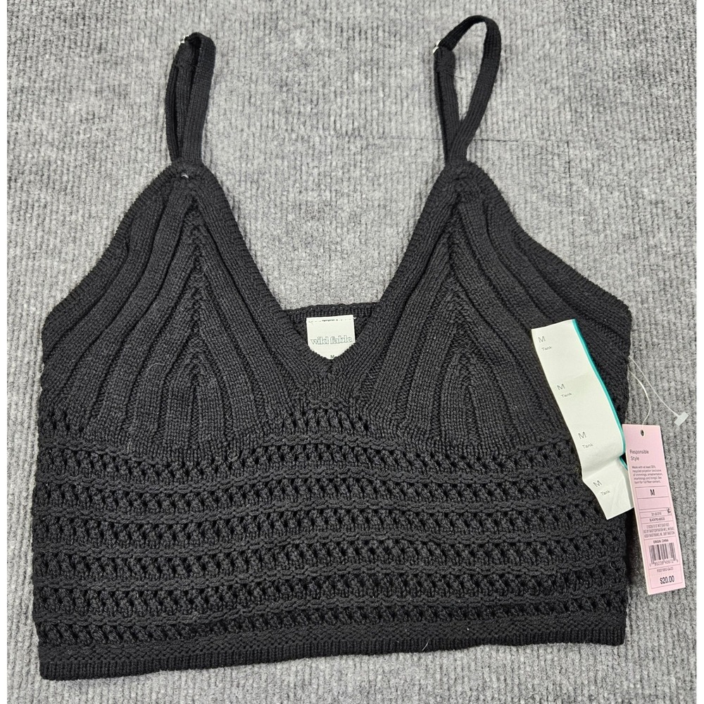 NWT Wild Fable Black Crochet Knit Cami Tank Top V-Neck Adjustable Straps M Boho